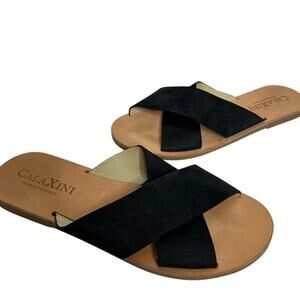 Calaxini Size 38 or 7.5  Black Leather Italian Crisscross Strap Vacation Sandal